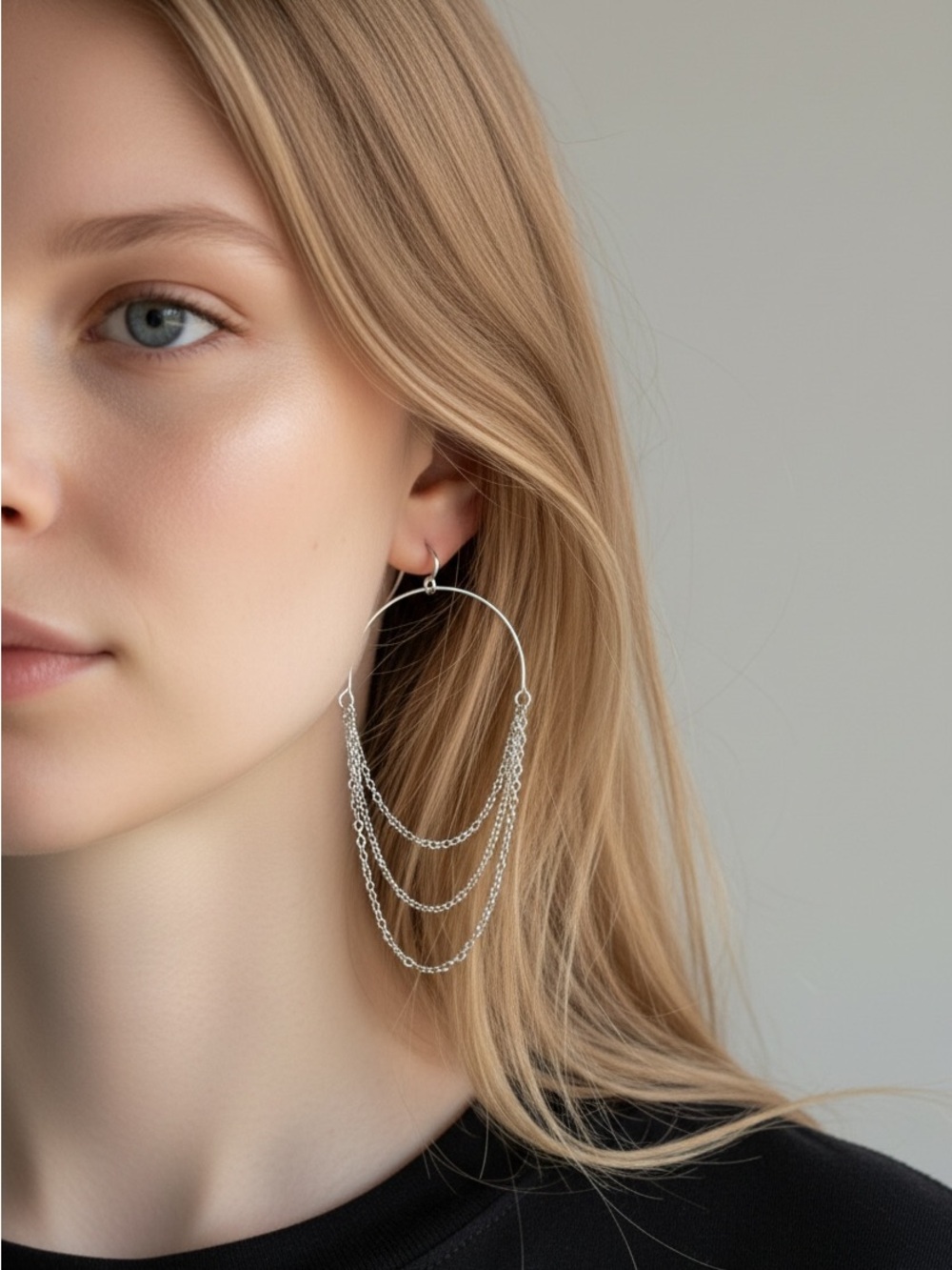 10/4 Delicate Silver Hoop Earrings with Draped Chains